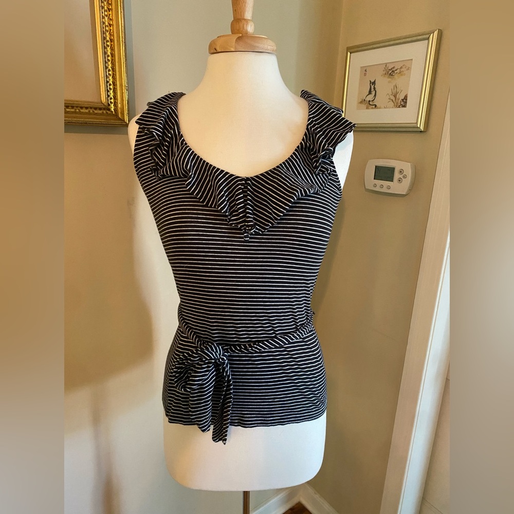lauren ralph lauren | size xs/tp | black & white striped top w ruffles and belt